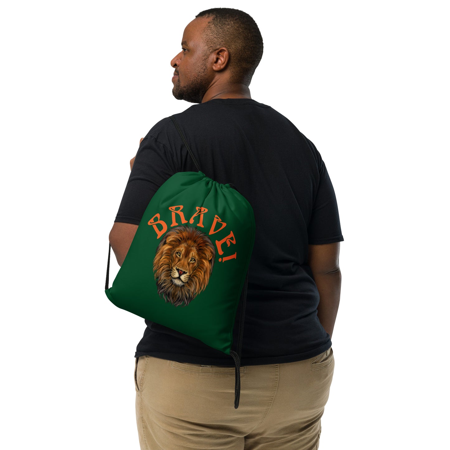 “BRAVE!”Green Drawstring Bag W/Orange Font