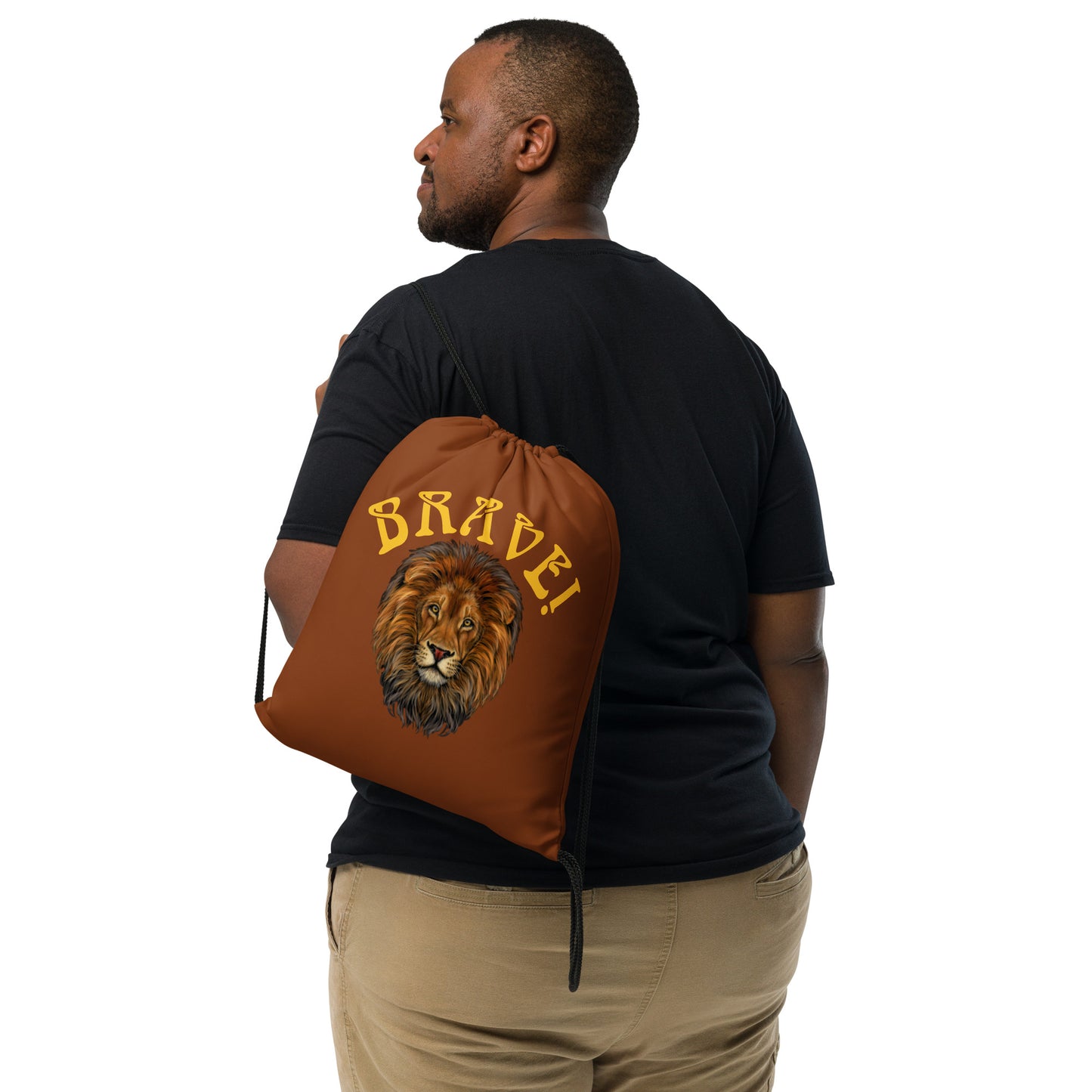 “BRAVE!”Brown Drawstring Bag W/Yellow Font