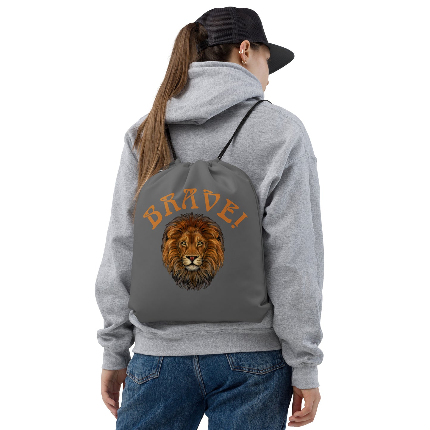 “BRAVE!”Grey Drawstring Bag W/Bronze Font