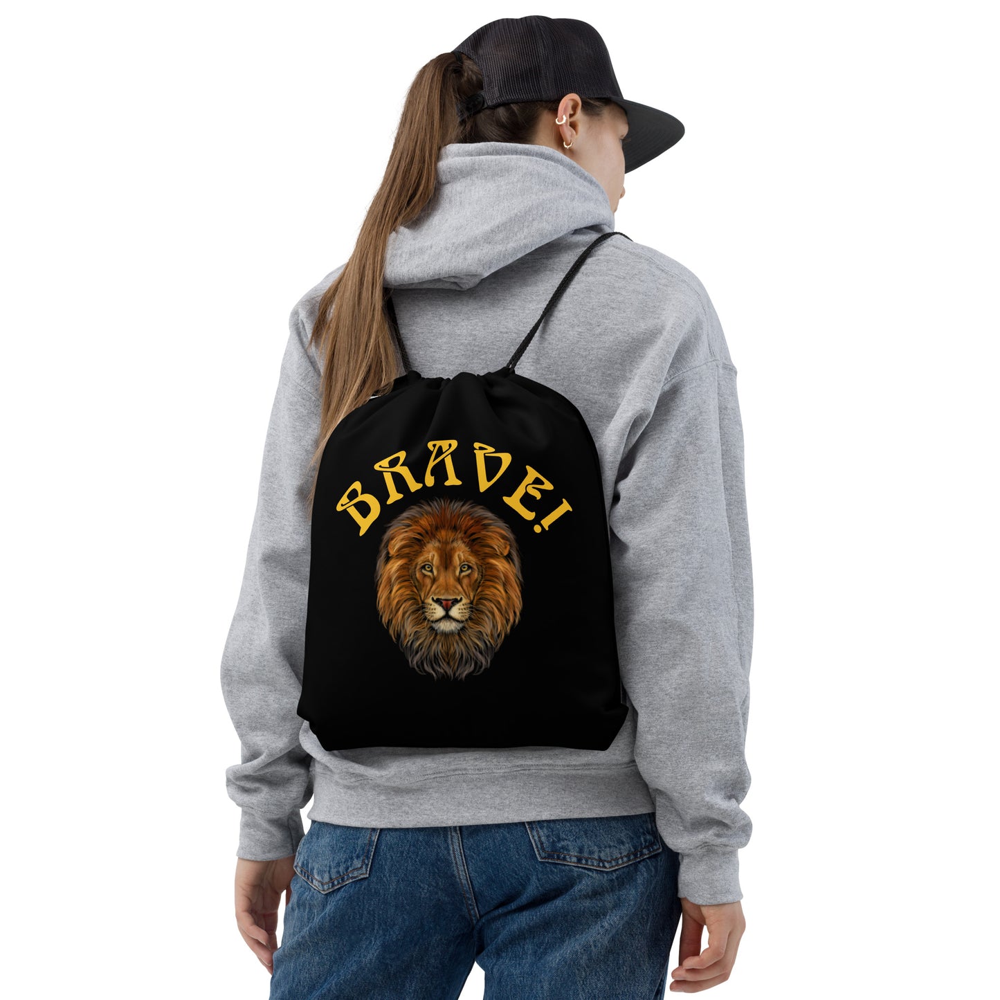 “BRAVE!”Black Drawstring Bag W/Yellow Font