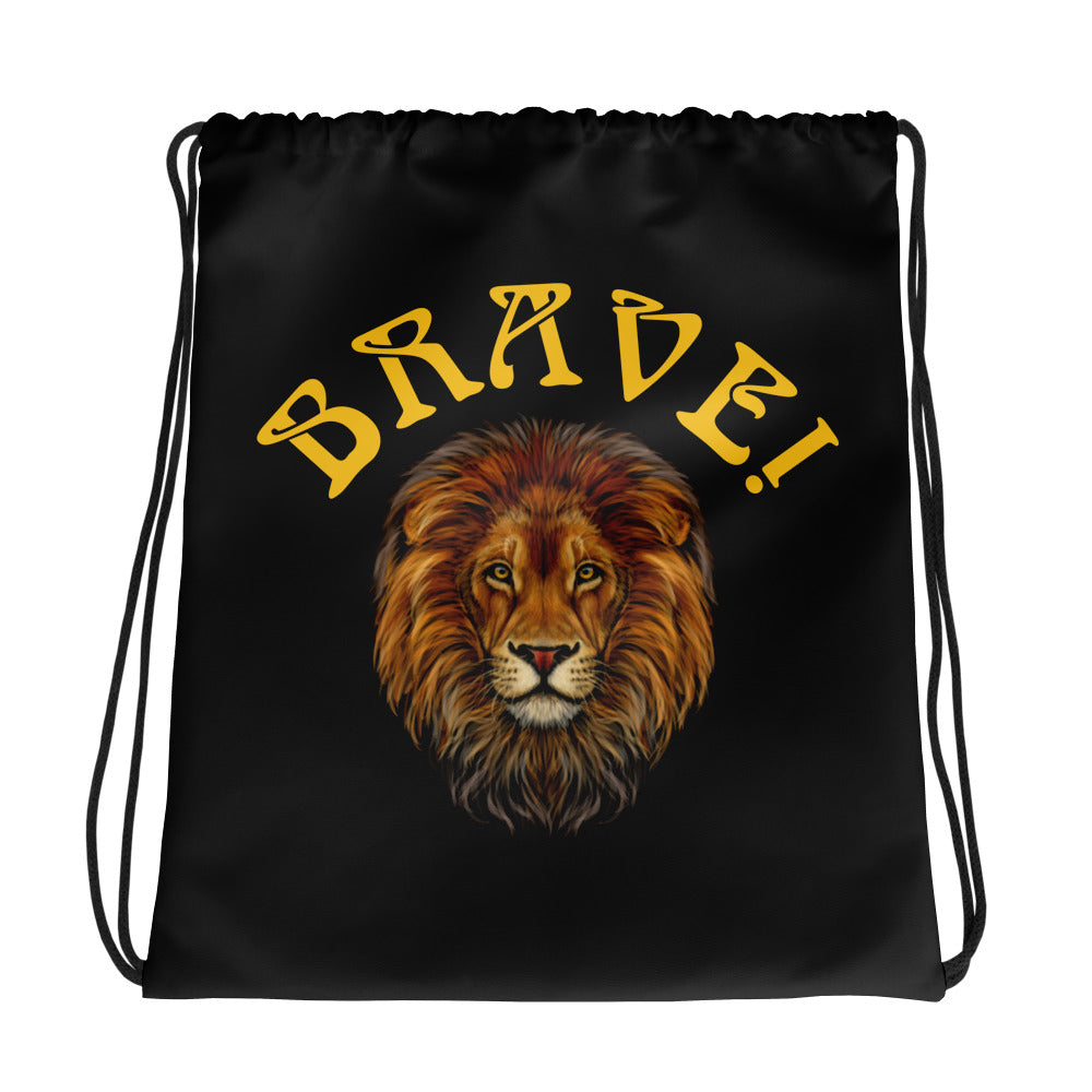 “BRAVE!”Black Drawstring Bag W/Yellow Font