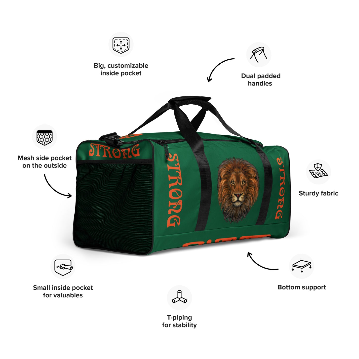 “STRONG” Green Duffle Bag W/Orange Font