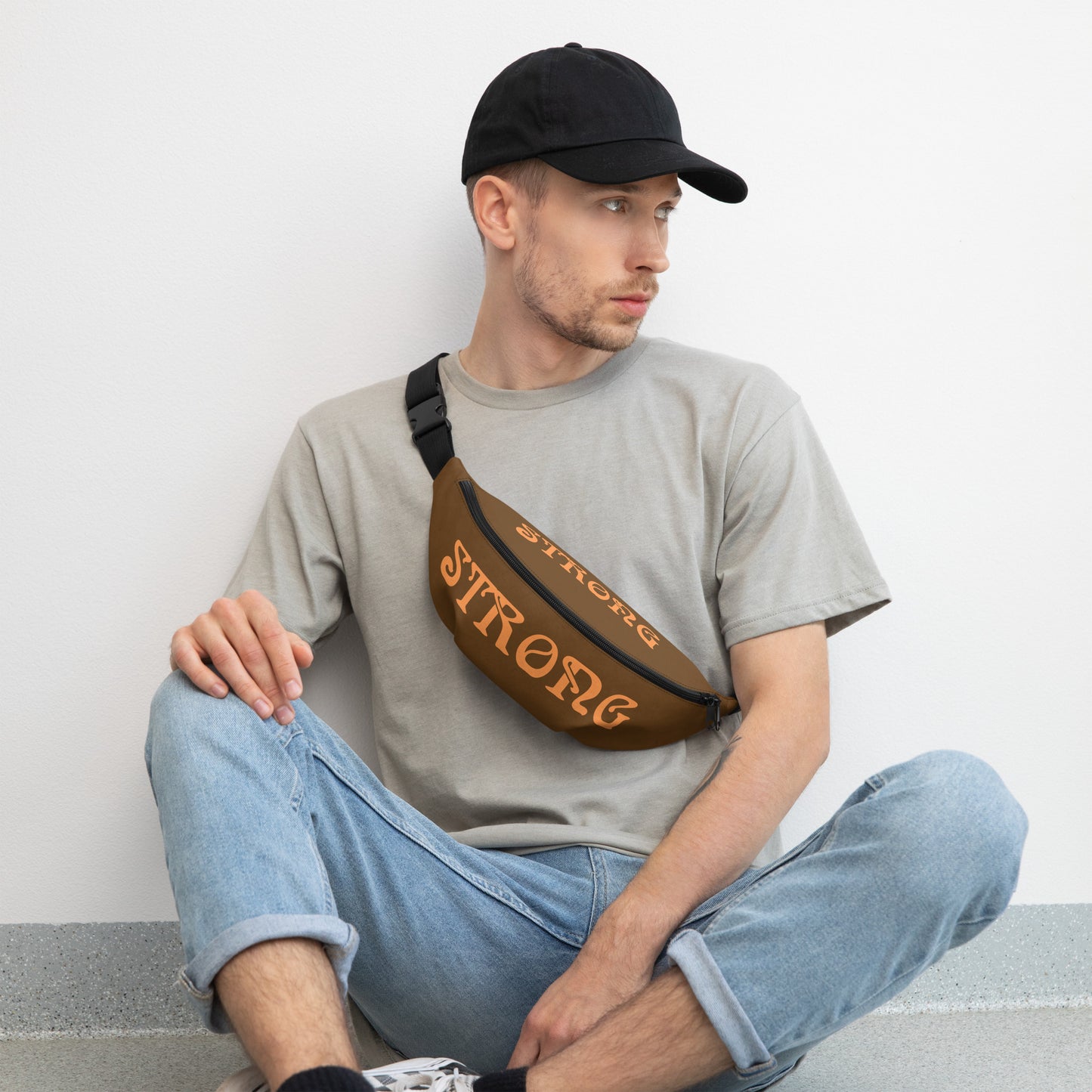 “STRONG”Brown Fanny Pack W/Orange Font