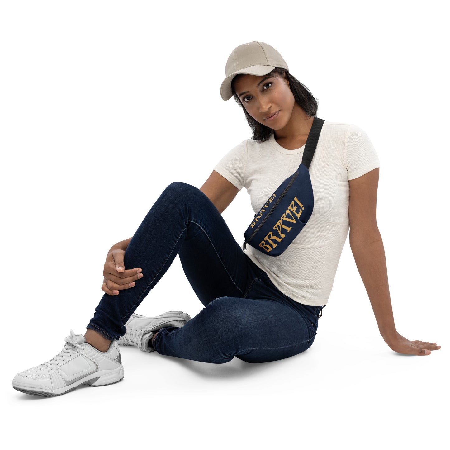 “BRAVE”Navy Fanny Pack W/Fawn Font