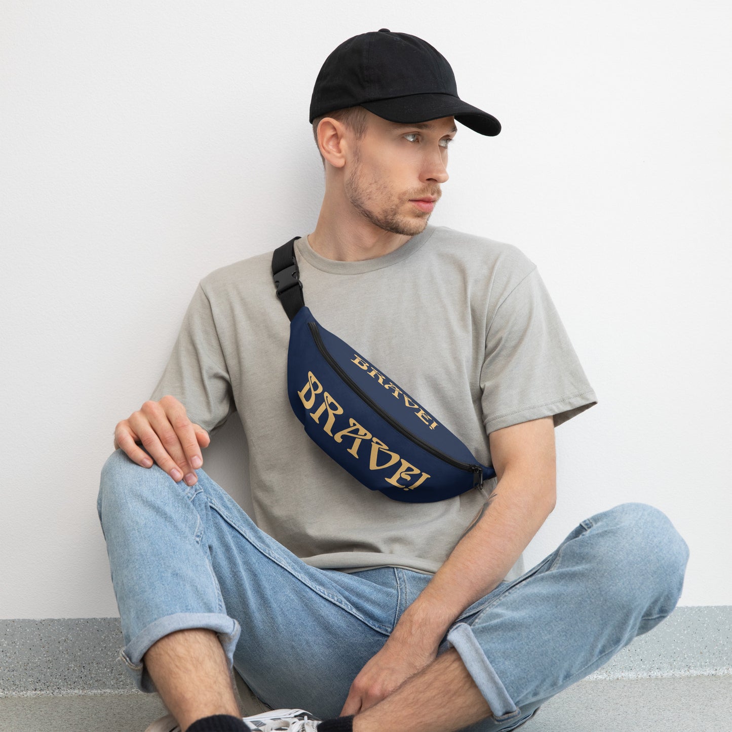 “BRAVE”Navy Fanny Pack W/Fawn Font