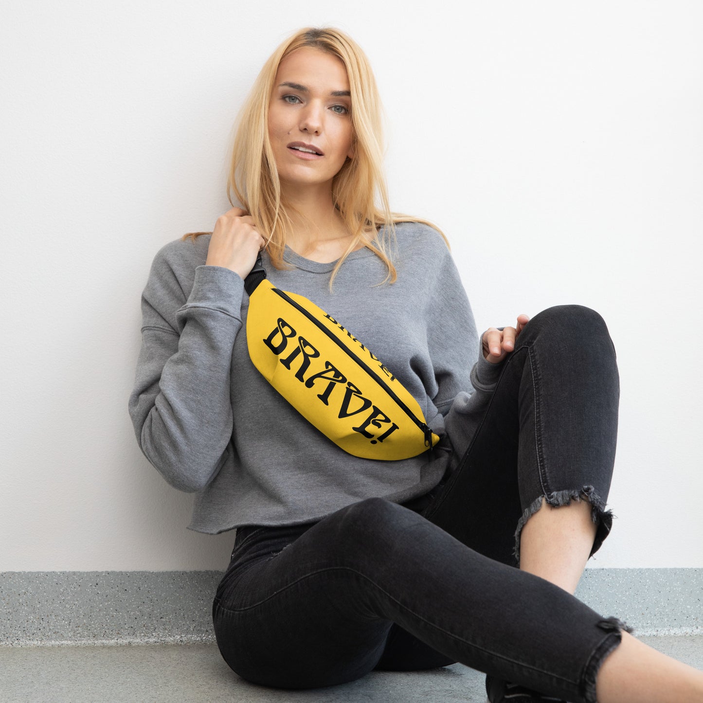 “BRAVE”Yellow Fanny Pack W/Black Font