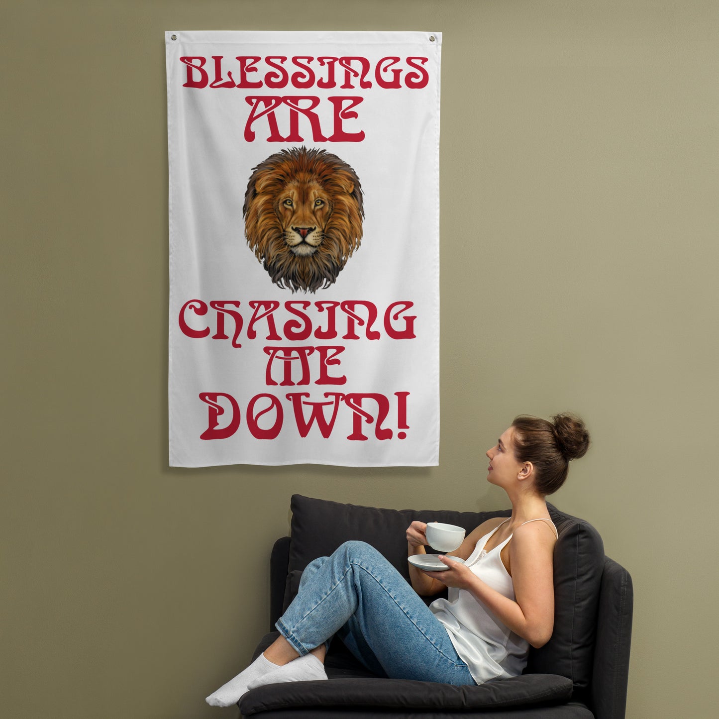 “BLESSINGS ARE CHASING ME DOWN!”White Flag W/Red Font