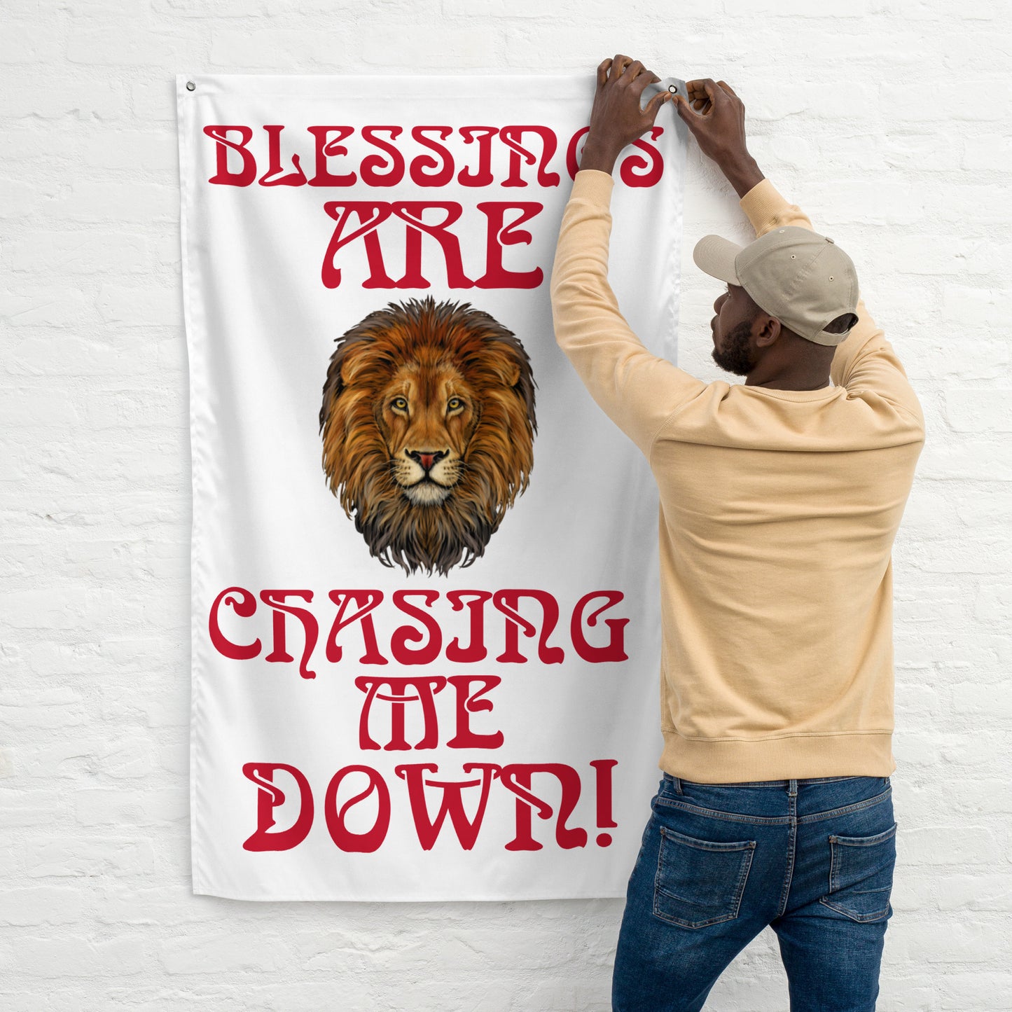 “BLESSINGS ARE CHASING ME DOWN!”White Flag W/Red Font