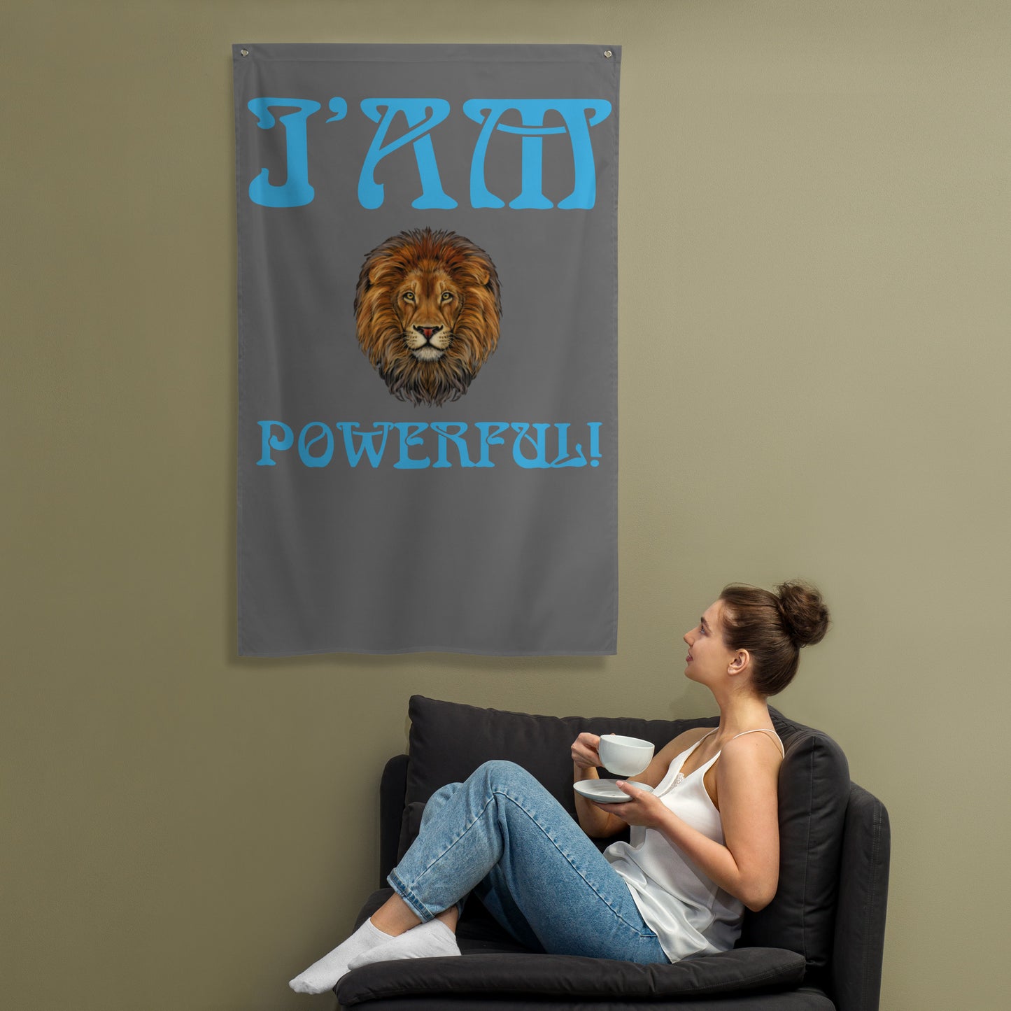“I’AM POWERFUL!”Grey Flag W/Aqua Font