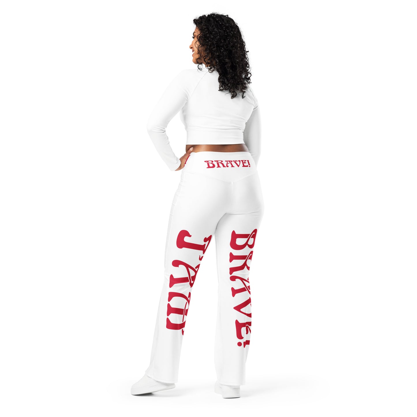 “I’AM BRAVE!” White Flare Leggings W/Red Font