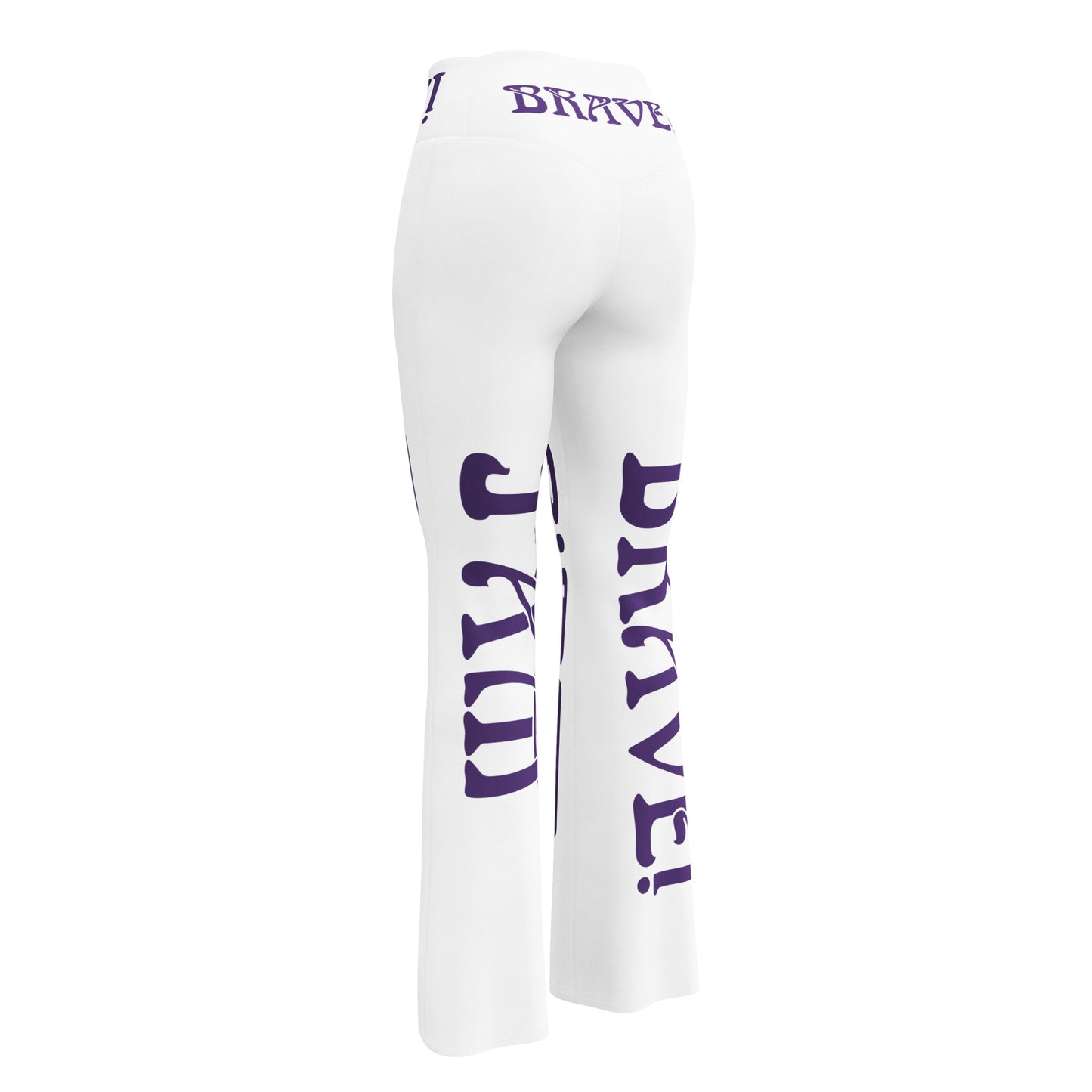 “I’AM BRAVE!” White Flare Leggings W/Purple Font