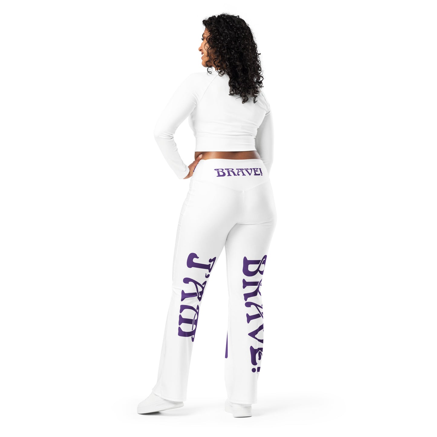 “I’AM BRAVE!” White Flare Leggings W/Purple Font
