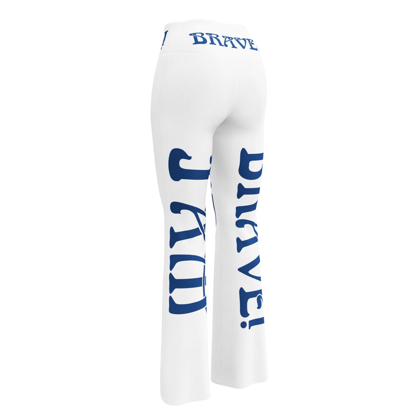 “I’AM BRAVE!” White Flare Leggings W/Blue Font