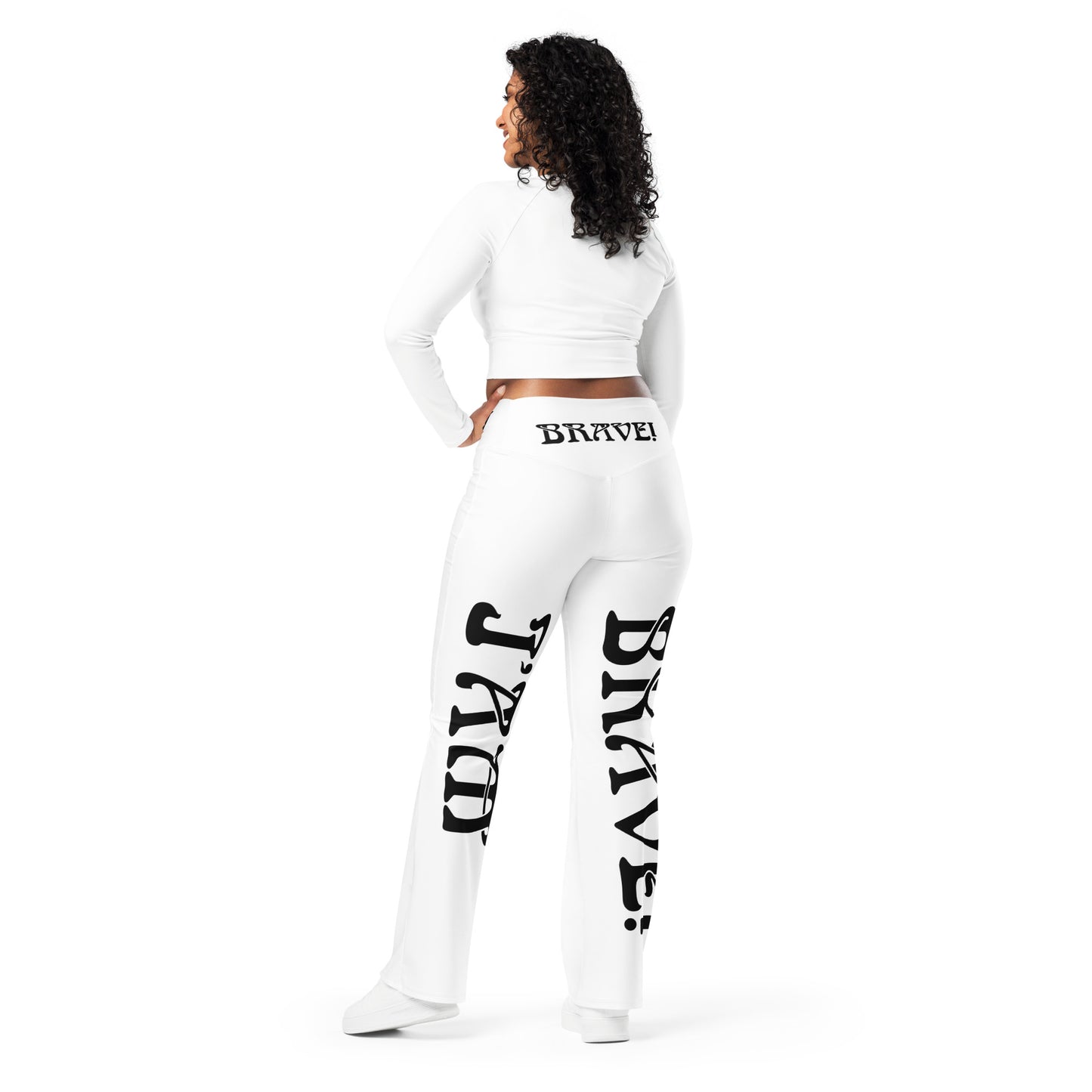 “I’AM BRAVE!” White Flare Leggings W/Black Font