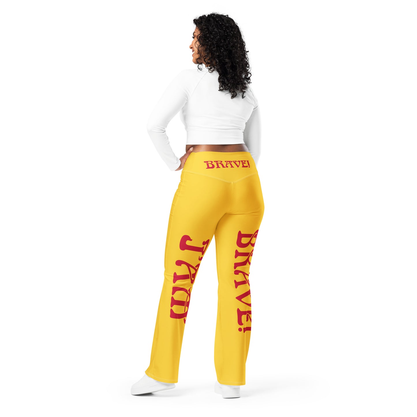 “I’AM BRAVE!” Yellow Flare Leggings W/Red Font
