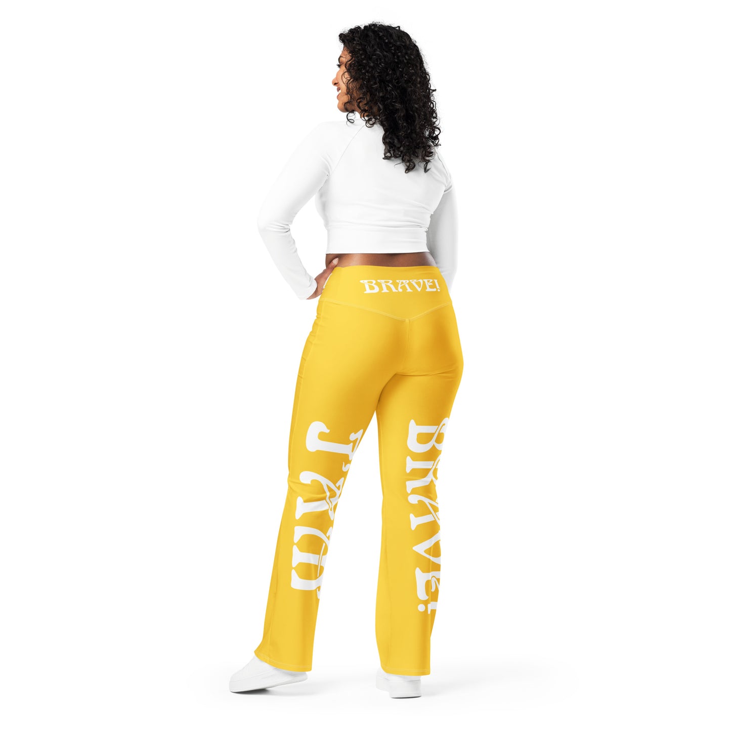 “I’AM BRAVE!” Yellow Flare Leggings W/White Font