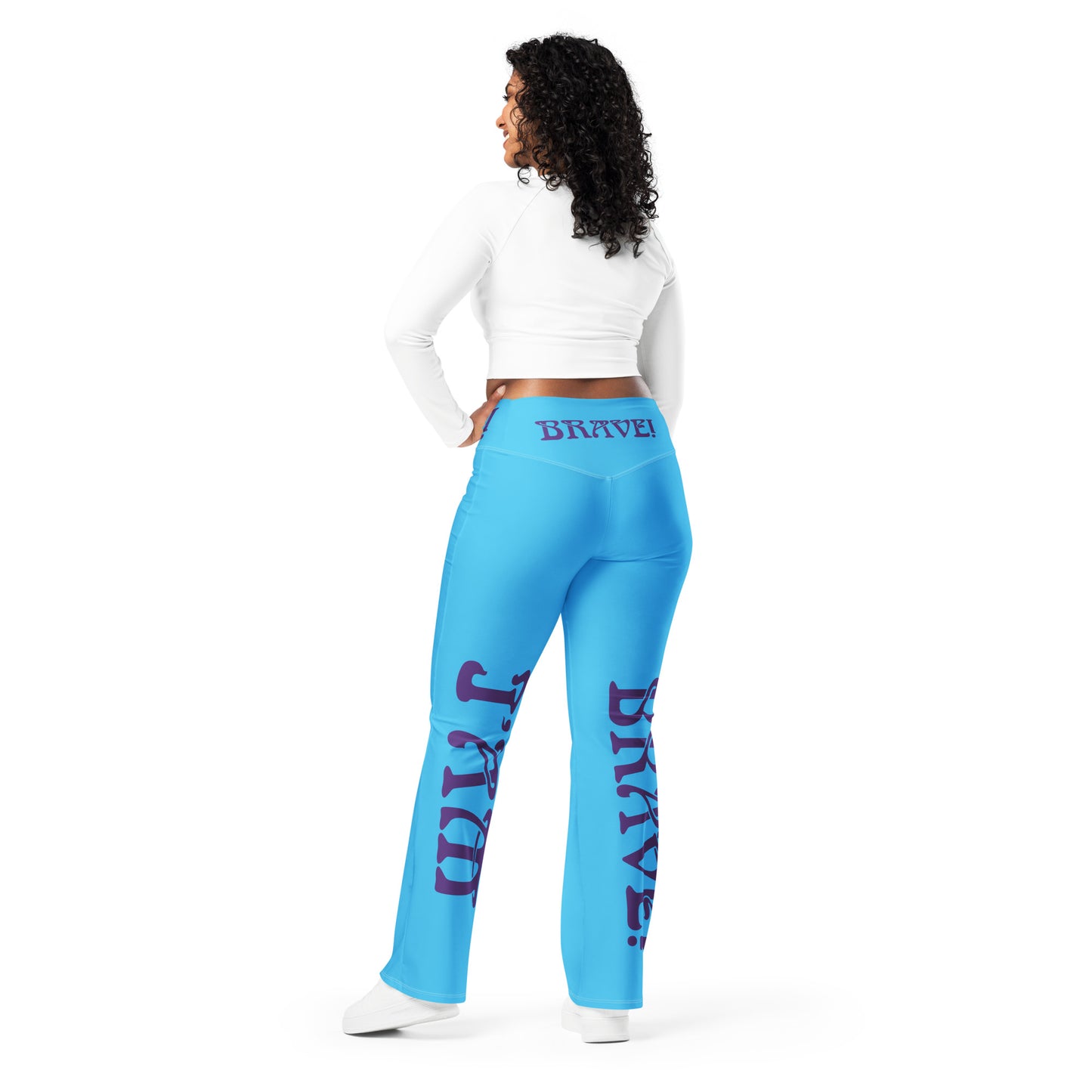“I’AM BRAVE!” SkyBlue Flare Leggings W/Purple Font