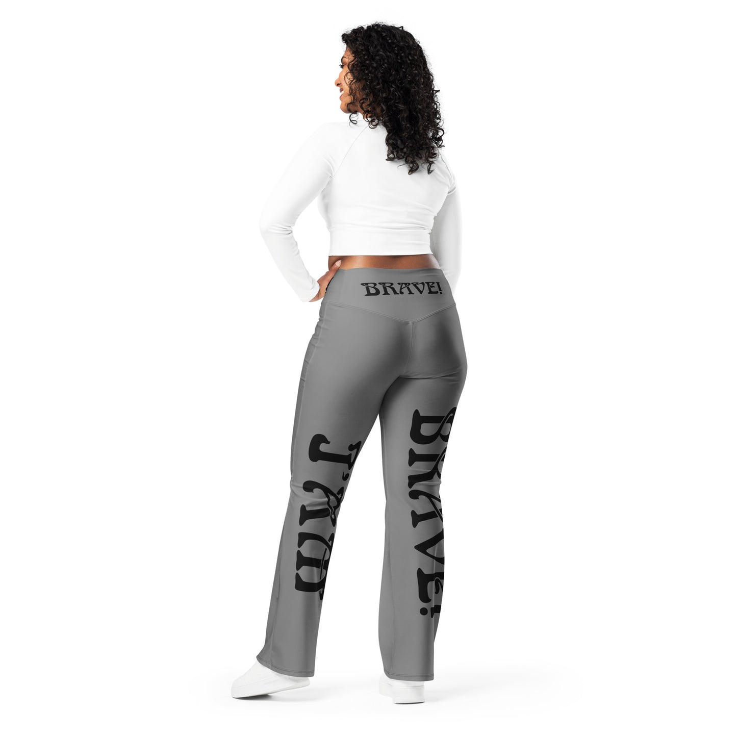“I’AM BRAVE!” Grey Flare Leggings W/Black Font