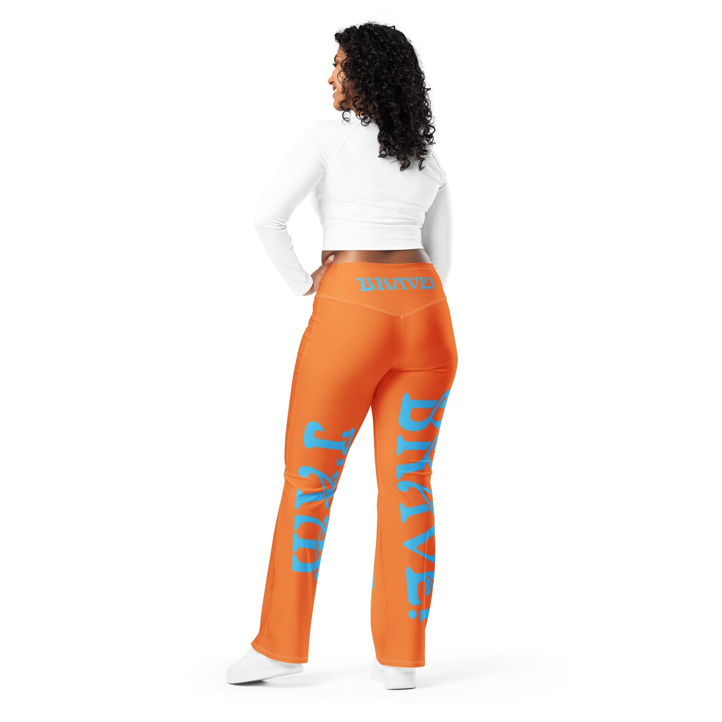 “I’AM BRAVE!” Orange Flare Leggings W/SkyBlue Font