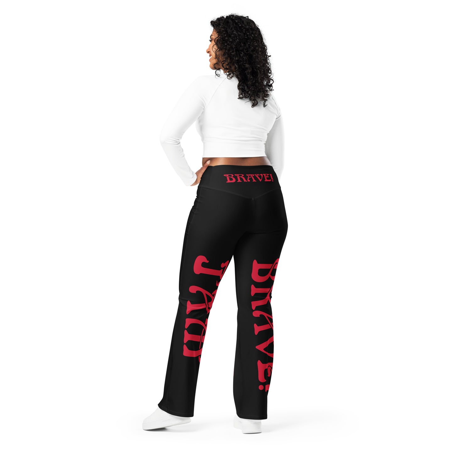 “I’AM BRAVE!” Black Flare Leggings W/Red Font