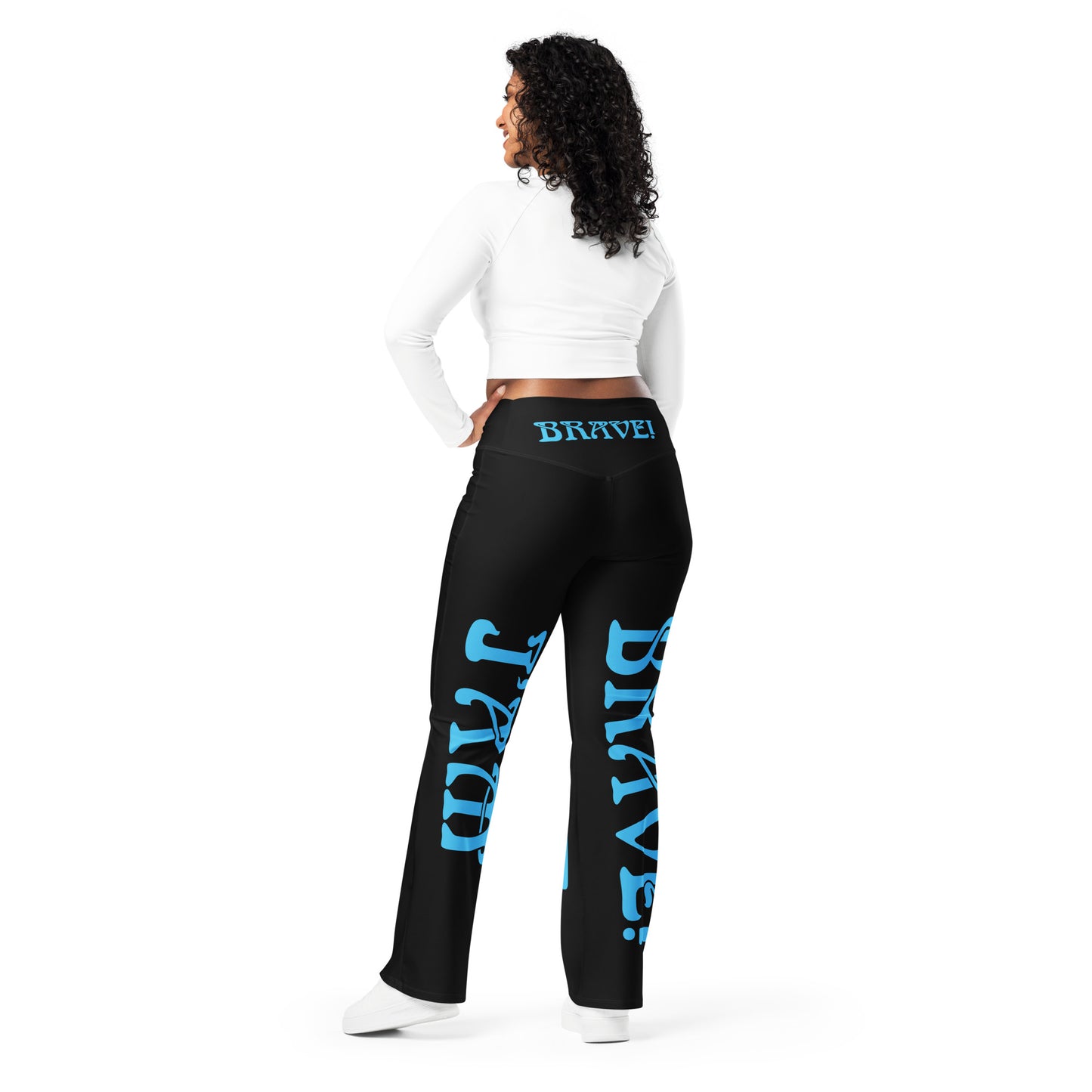 “I’AM BRAVE!” Black Flare Leggings W/SkyBlue Font