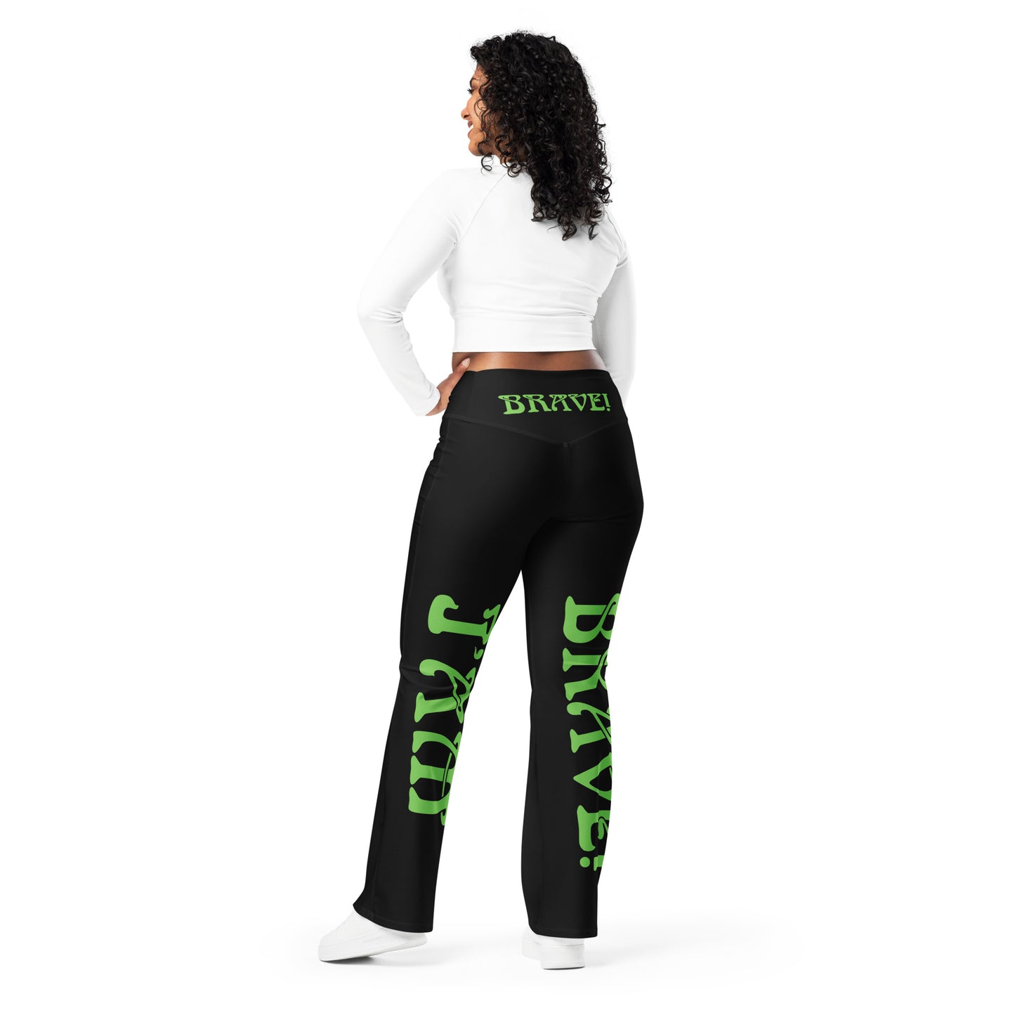 “I’AM BRAVE!” Black Flare Leggings W/Green Font