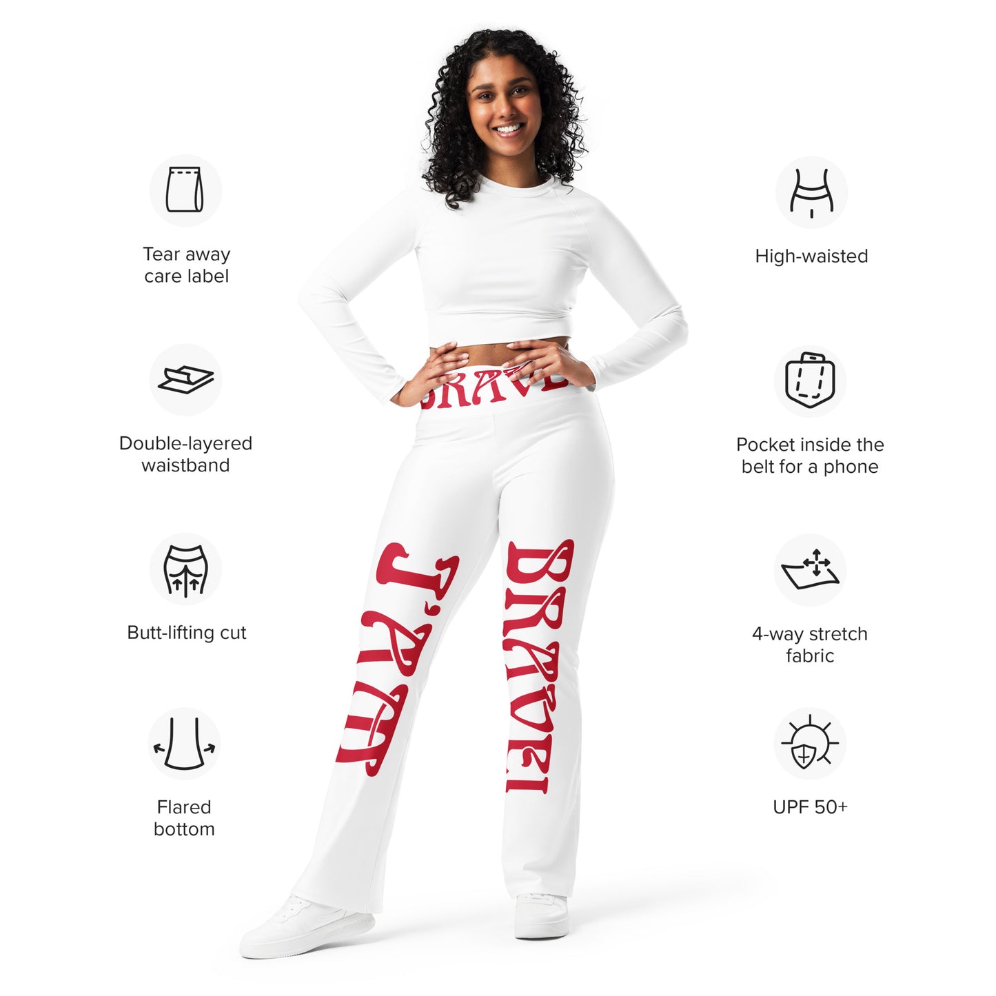 “I’AM BRAVE!” White Flare Leggings W/Red Font