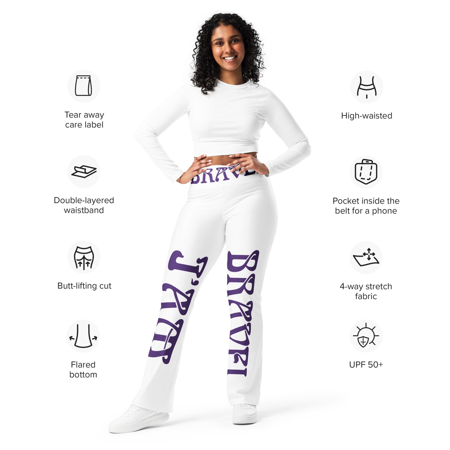 “I’AM BRAVE!” White Flare Leggings W/Purple Font