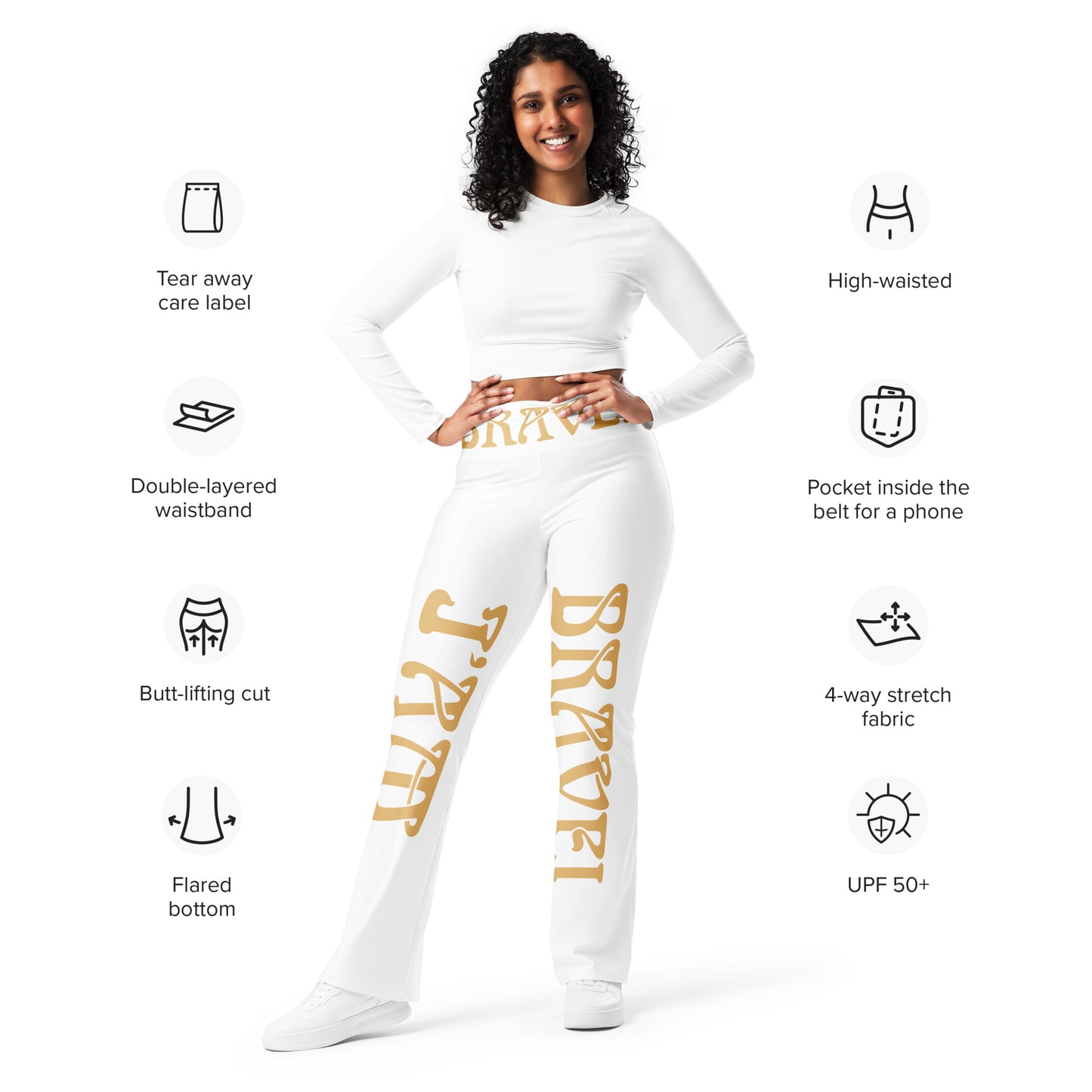 “I’AM BRAVE!” White Flare Leggings W/Fawn Font