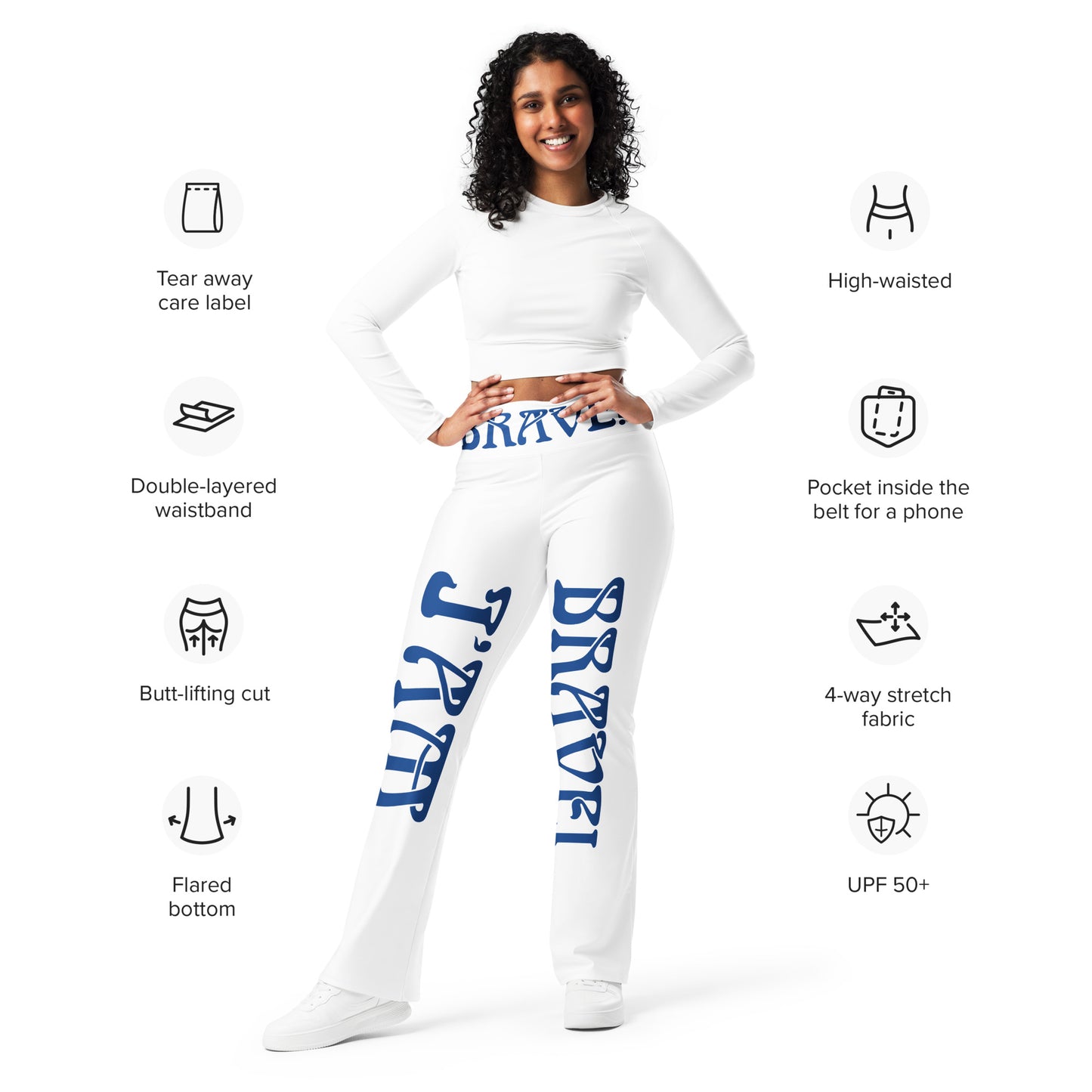 “I’AM BRAVE!” White Flare Leggings W/Blue Font