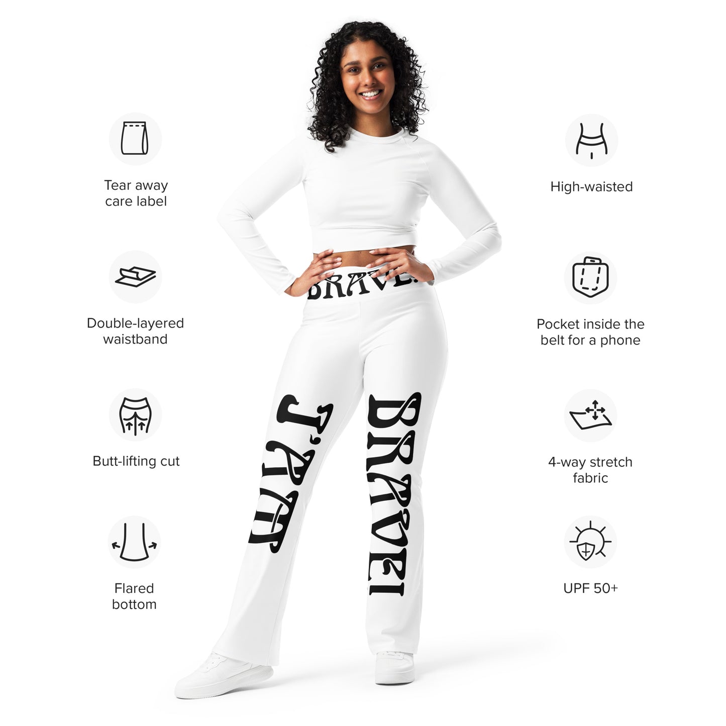 “I’AM BRAVE!” White Flare Leggings W/Black Font