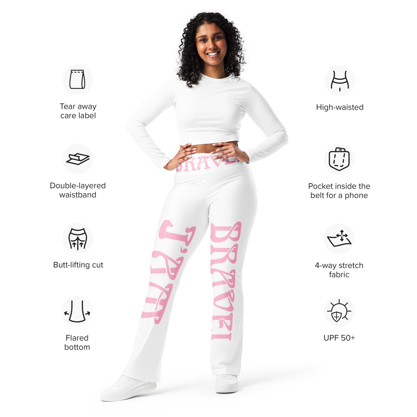 “I’AM BRAVE!” White Flare Leggings W/Cotton Candy Font
