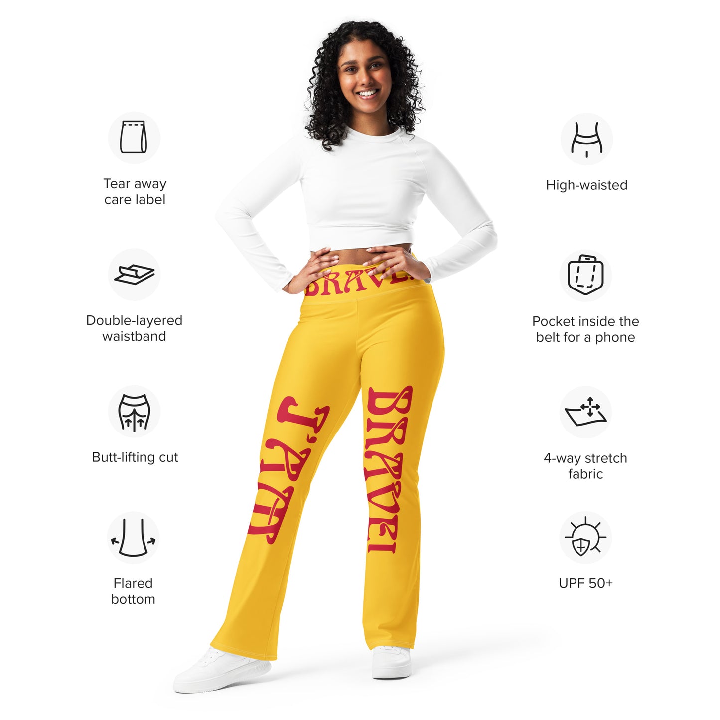 “I’AM BRAVE!” Yellow Flare Leggings W/Red Font