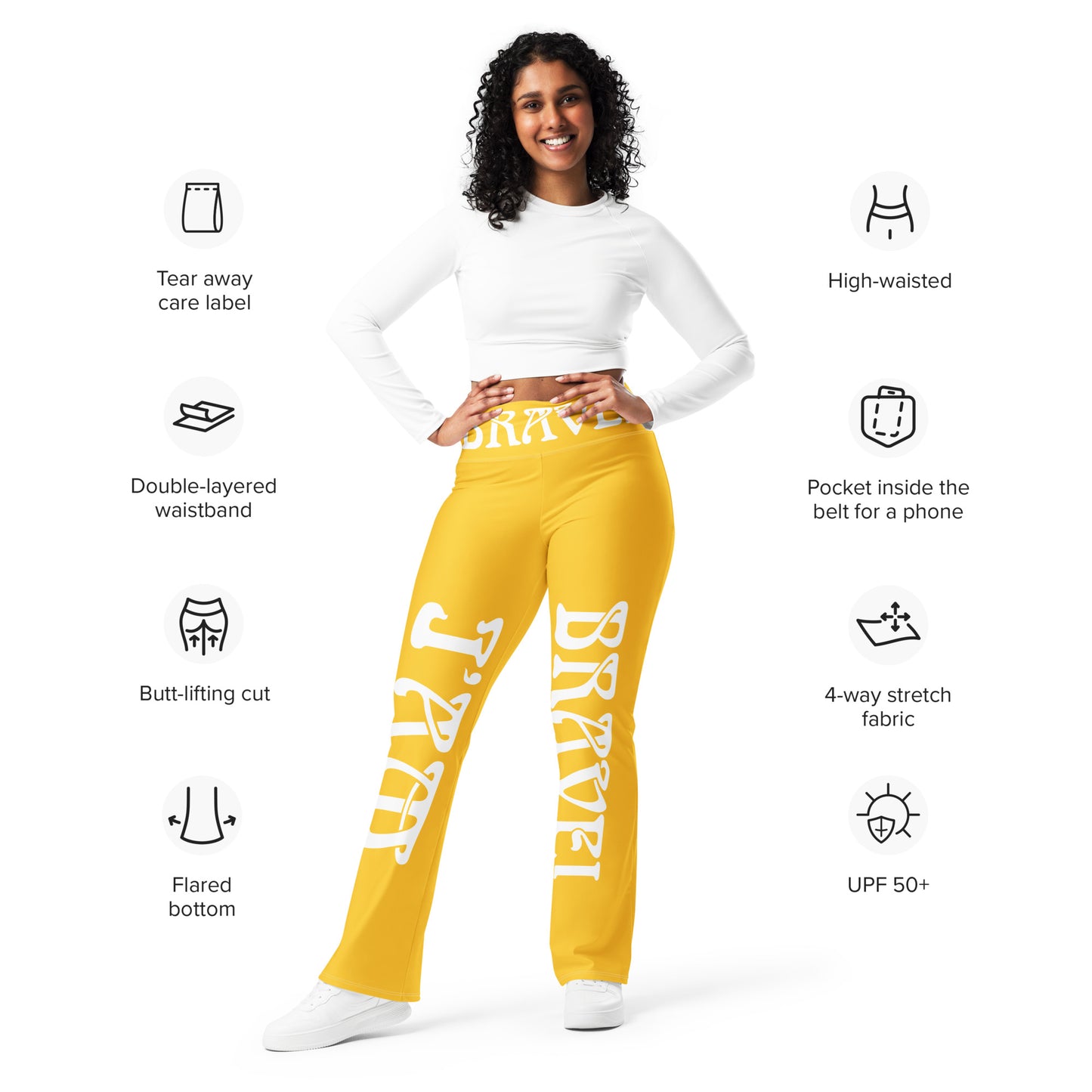 “I’AM BRAVE!” Yellow Flare Leggings W/White Font