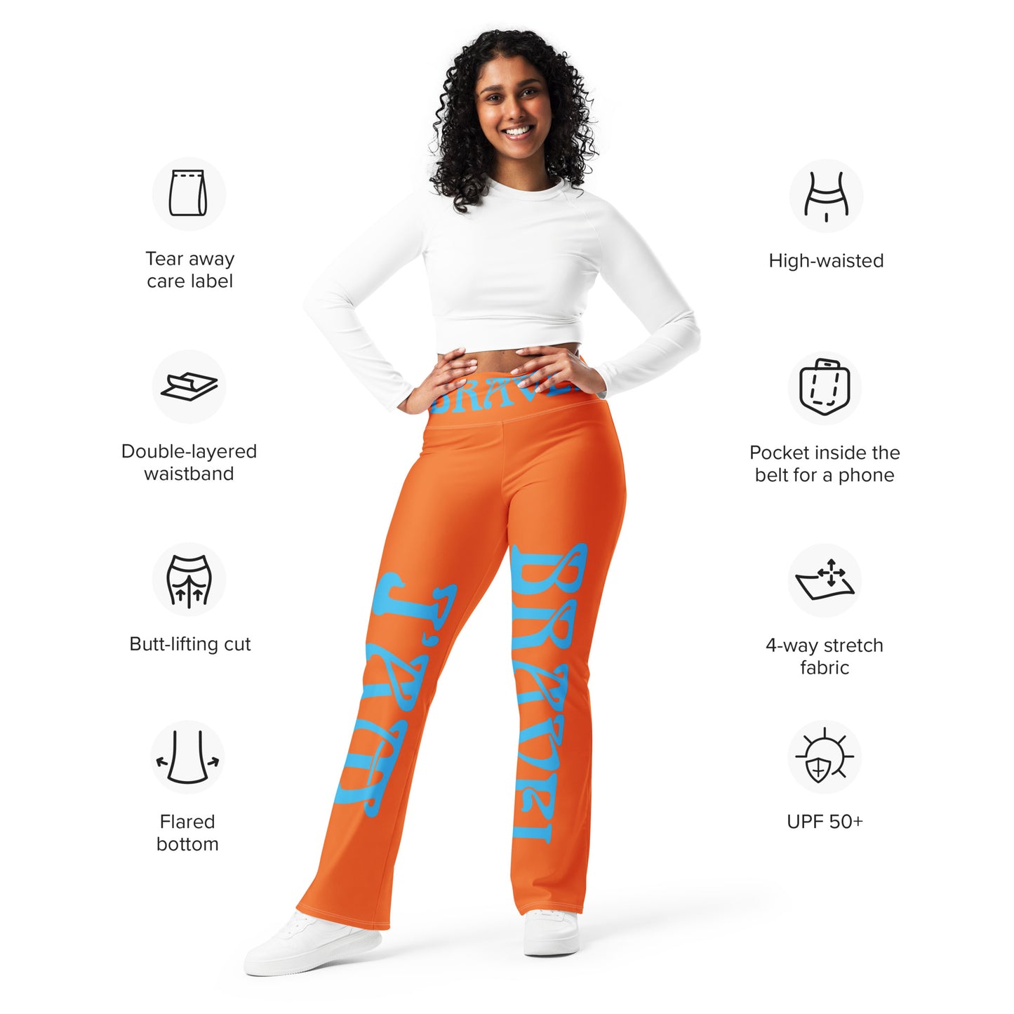 “I’AM BRAVE!” Orange Flare Leggings W/SkyBlue Font