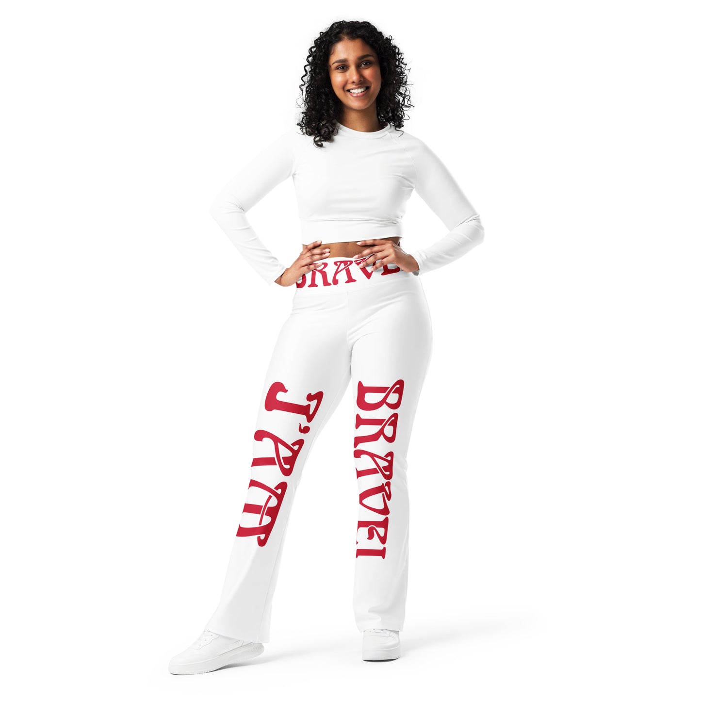 “I’AM BRAVE!” White Flare Leggings W/Red Font
