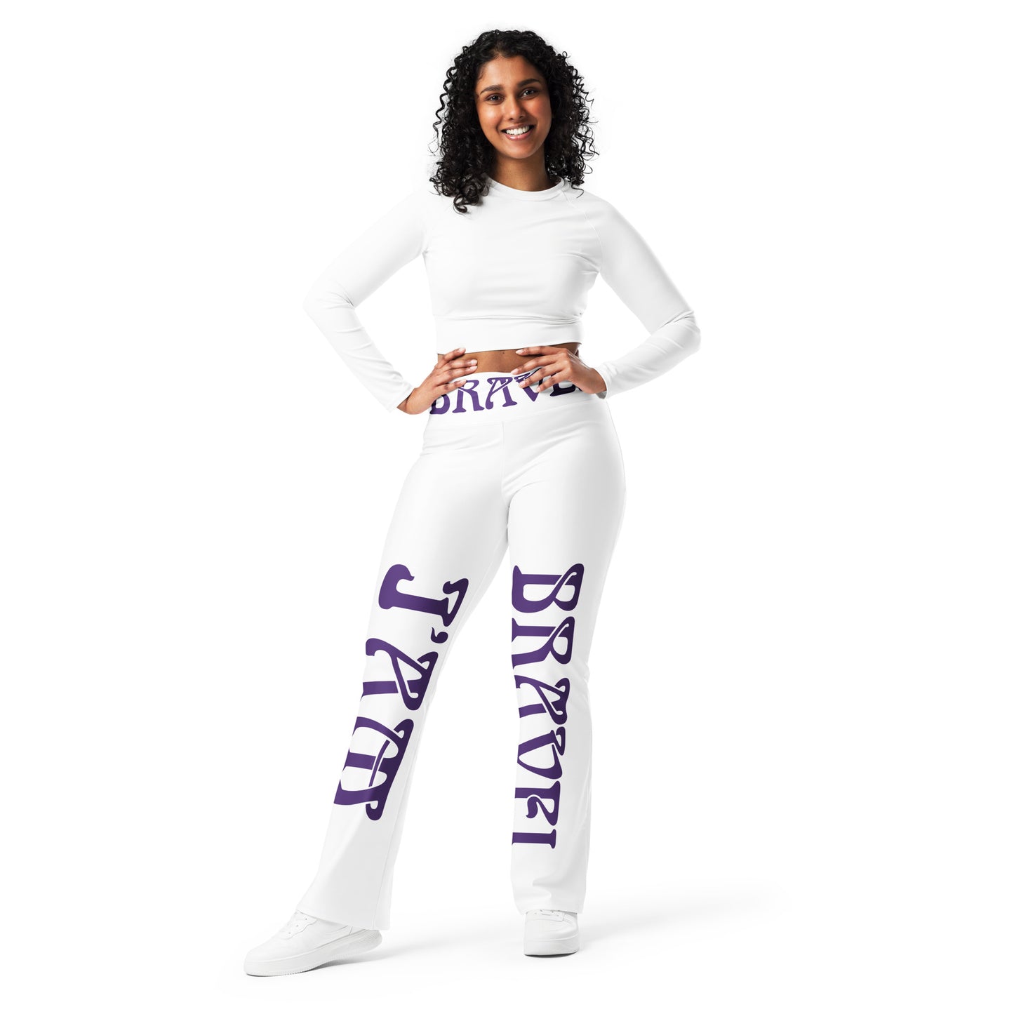 “I’AM BRAVE!” White Flare Leggings W/Purple Font