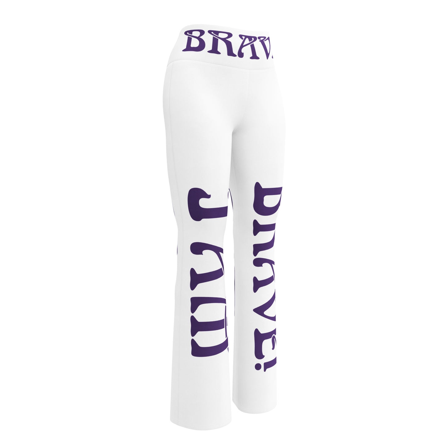 “I’AM BRAVE!” White Flare Leggings W/Purple Font