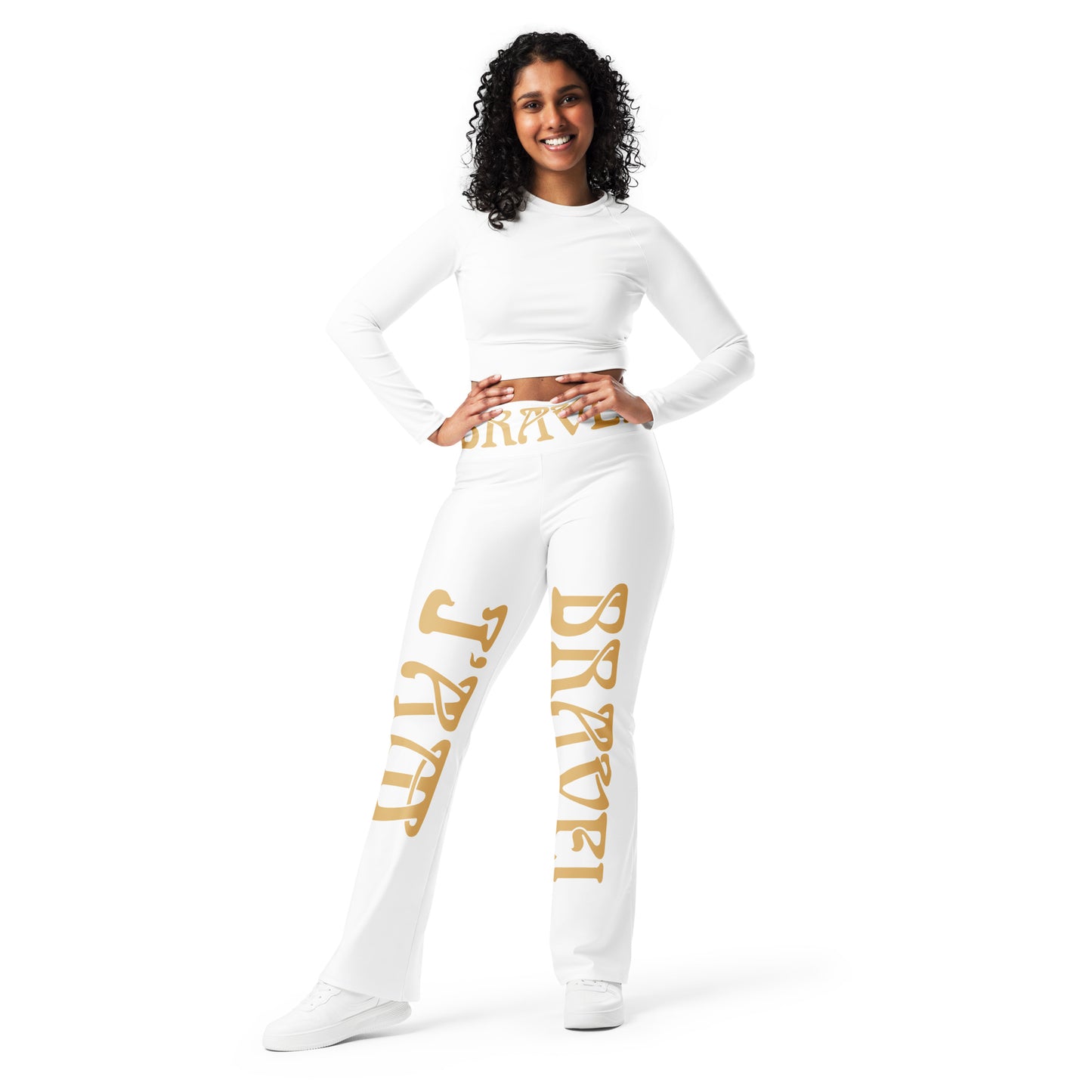 “I’AM BRAVE!” White Flare Leggings W/Fawn Font