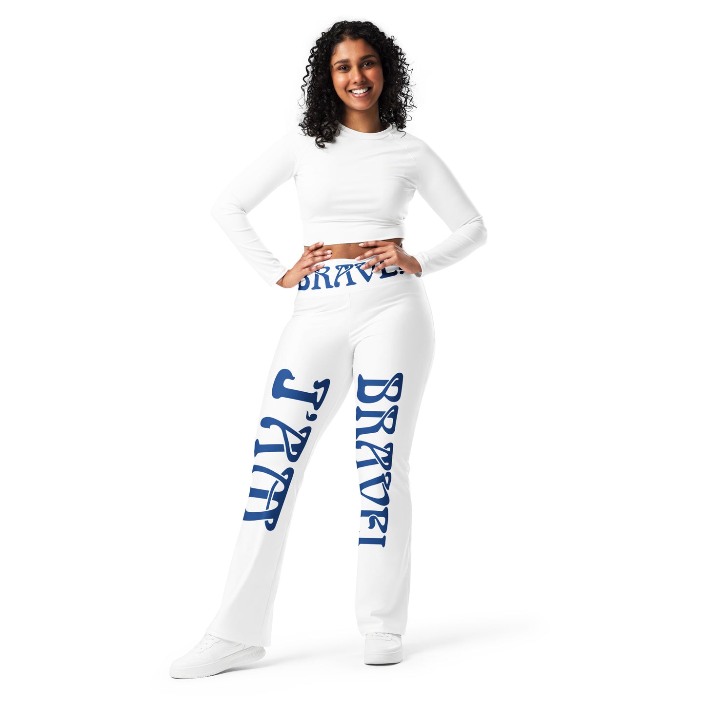 “I’AM BRAVE!” White Flare Leggings W/Blue Font