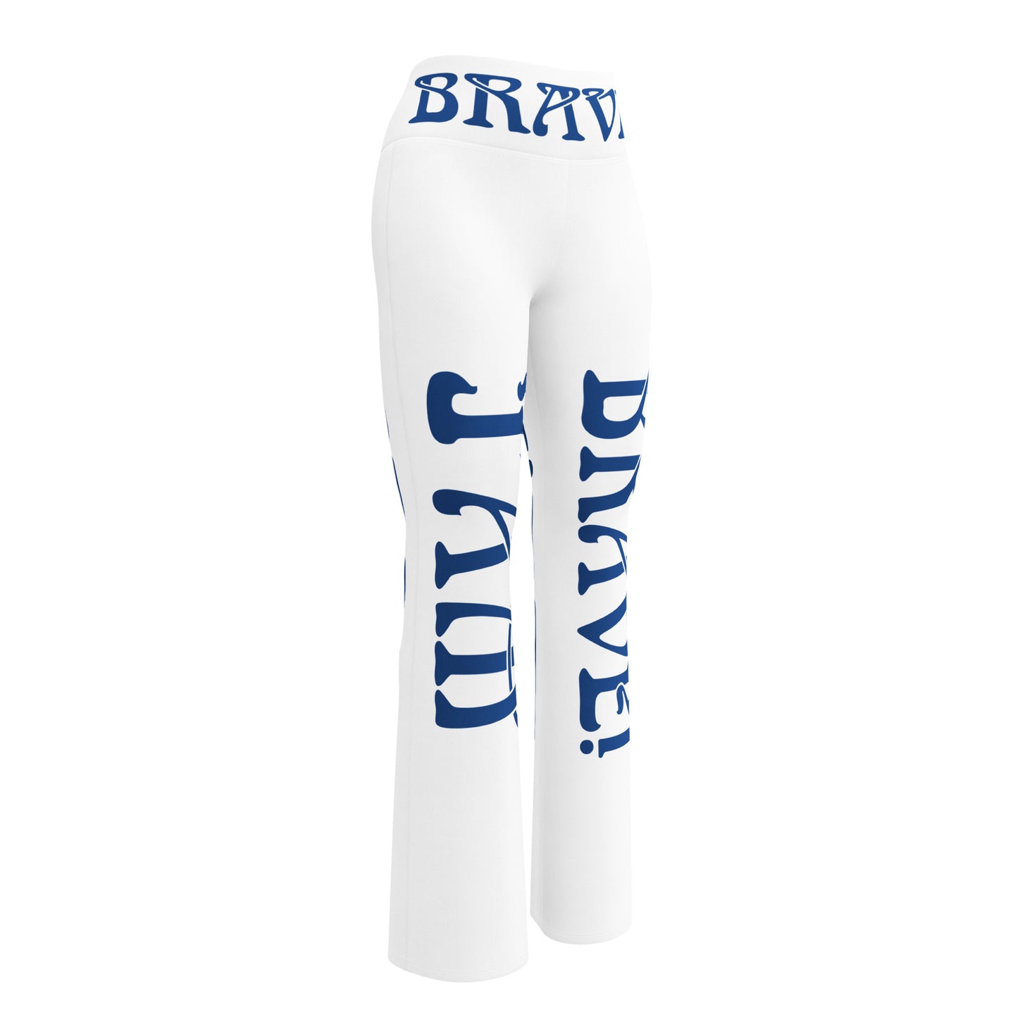 “I’AM BRAVE!” White Flare Leggings W/Blue Font