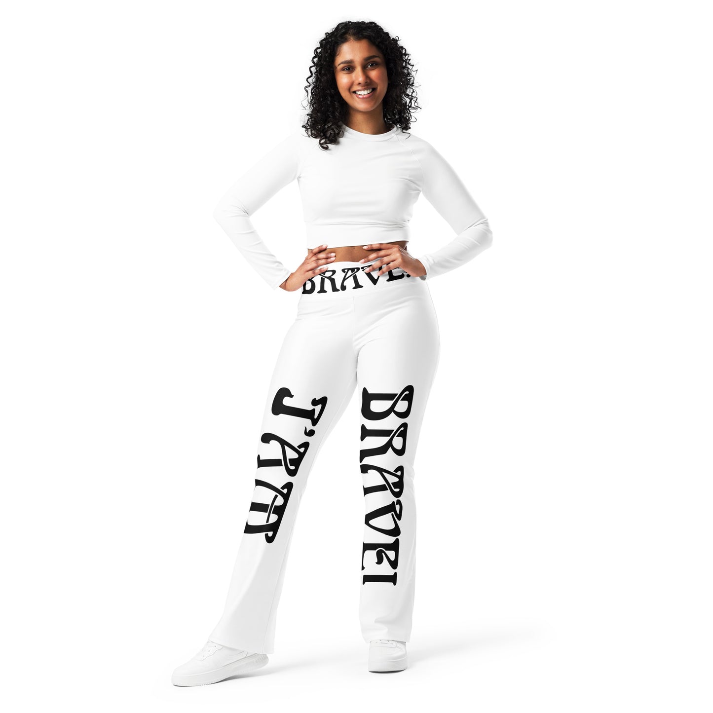 “I’AM BRAVE!” White Flare Leggings W/Black Font