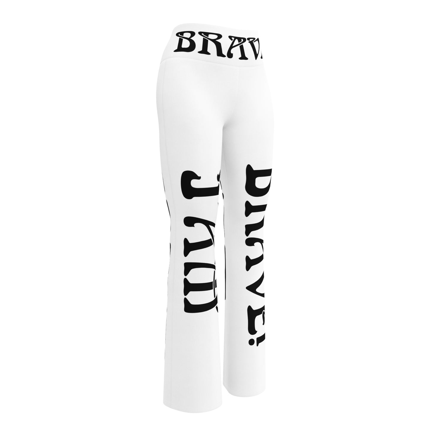 “I’AM BRAVE!” White Flare Leggings W/Black Font
