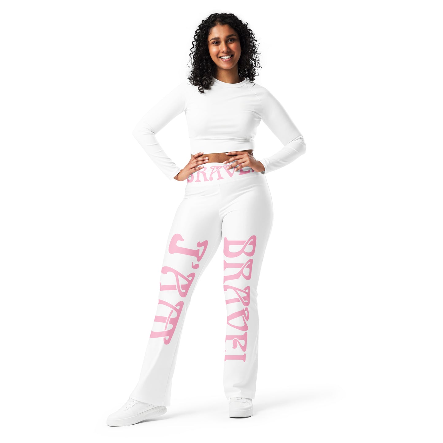 “I’AM BRAVE!” White Flare Leggings W/Cotton Candy Font