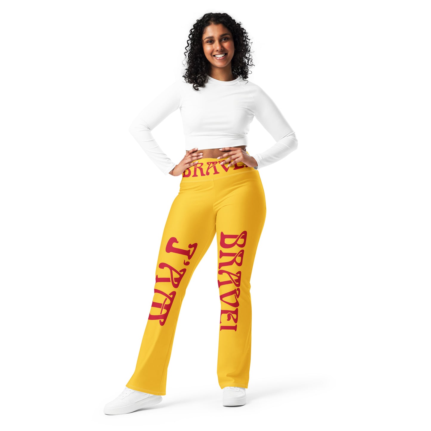 “I’AM BRAVE!” Yellow Flare Leggings W/Red Font