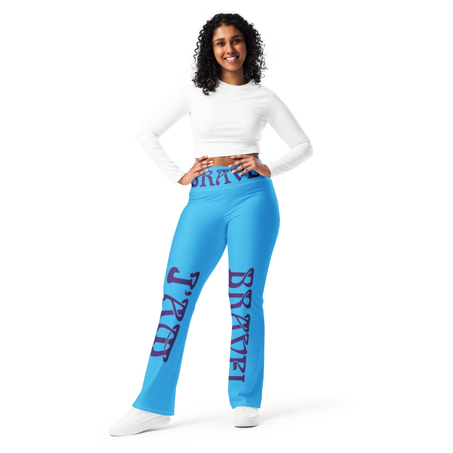 “I’AM BRAVE!” SkyBlue Flare Leggings W/Purple Font