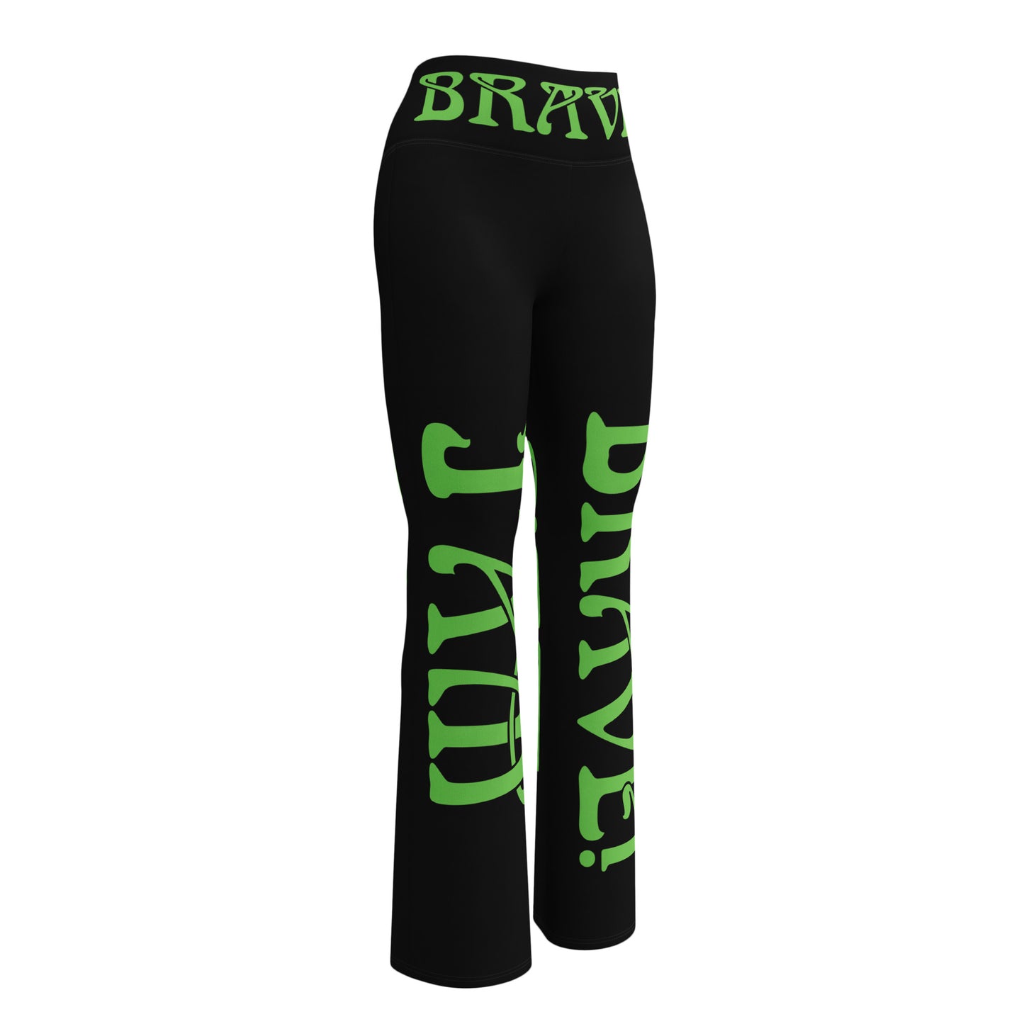 “I’AM BRAVE!” Black Flare Leggings W/Green Font