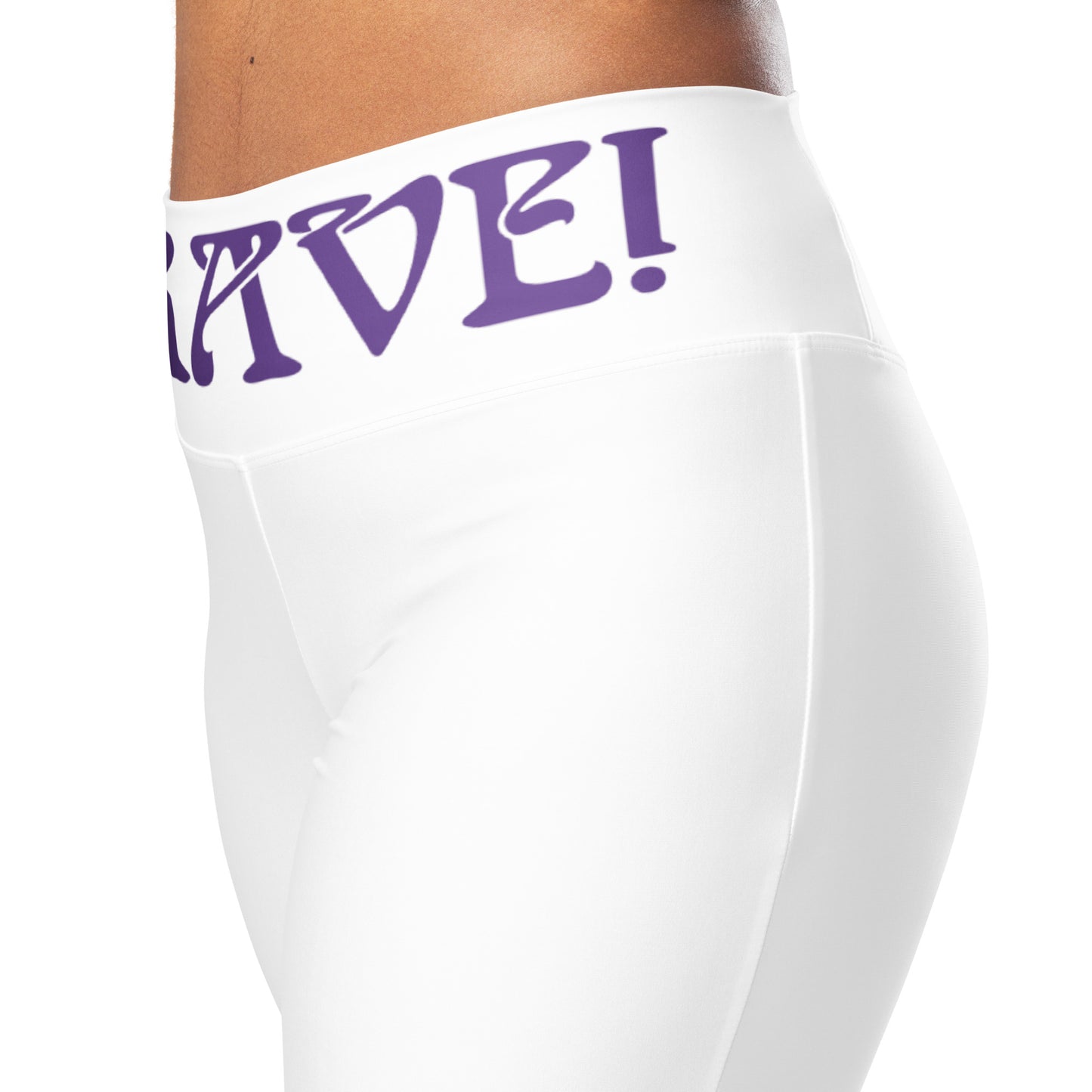“I’AM BRAVE!” White Flare Leggings W/Purple Font