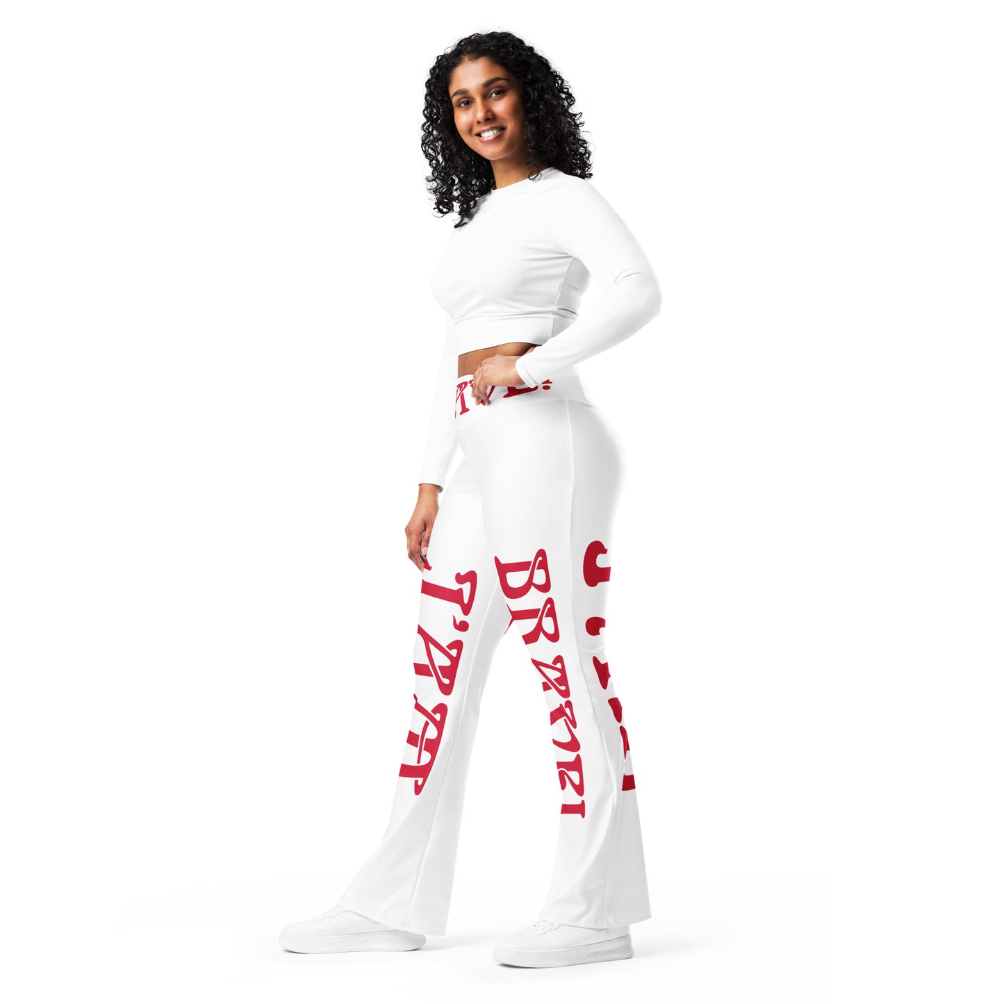 “I’AM BRAVE!” White Flare Leggings W/Red Font