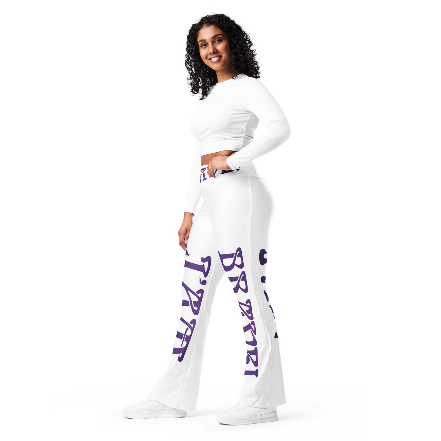 “I’AM BRAVE!” White Flare Leggings W/Purple Font